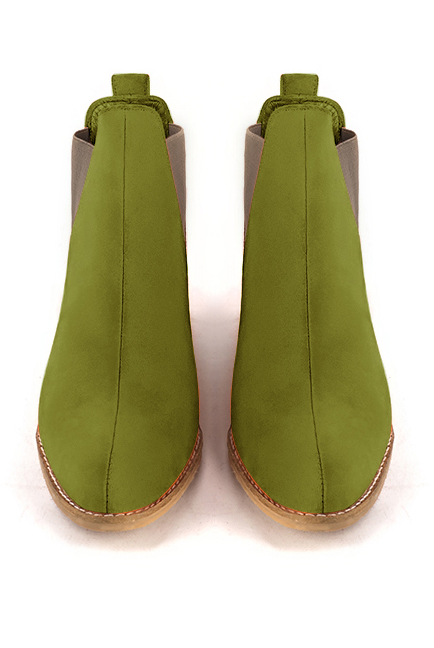 Pistachio green and bronze beige women's ankle boots, with elastics. Round toe. Low leather soles. Top view - Florence KOOIJMAN